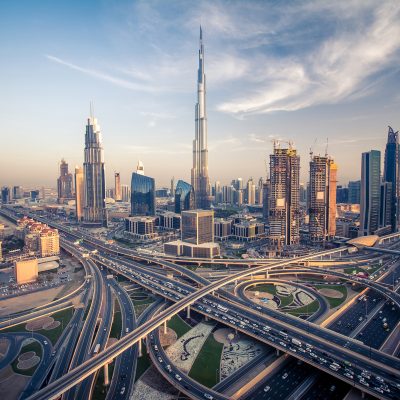 Dubai skyline with beautiful city close to it's busiest highway on traffic